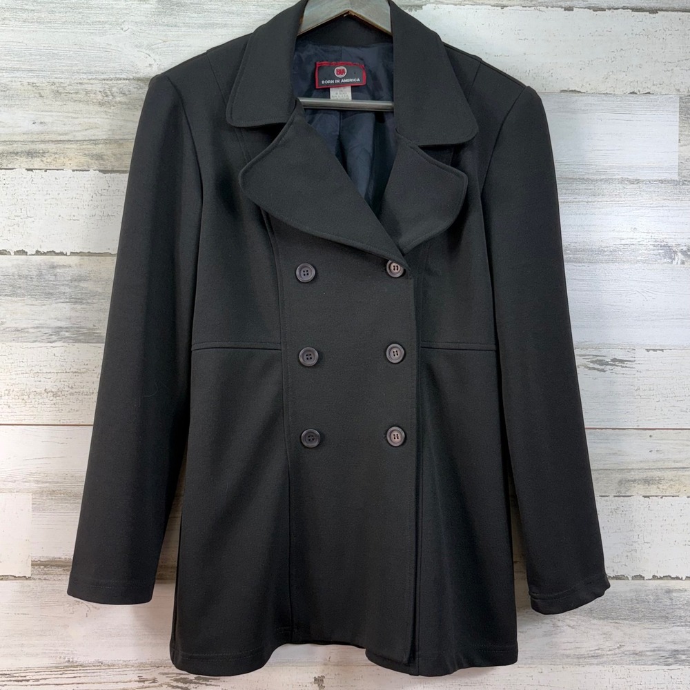 Born In America Womens Black Double Breasted Pea Coat Jacket Blazer M‎ Vintage